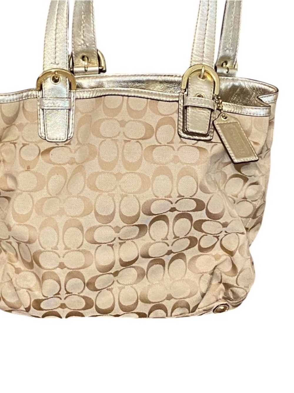 Coach Beige Signature Canvas Tote with Metallic Gold Accents
